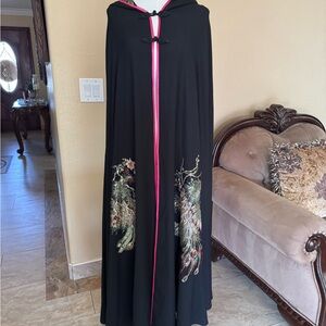 Black Hooded Cape with Embroidered Design